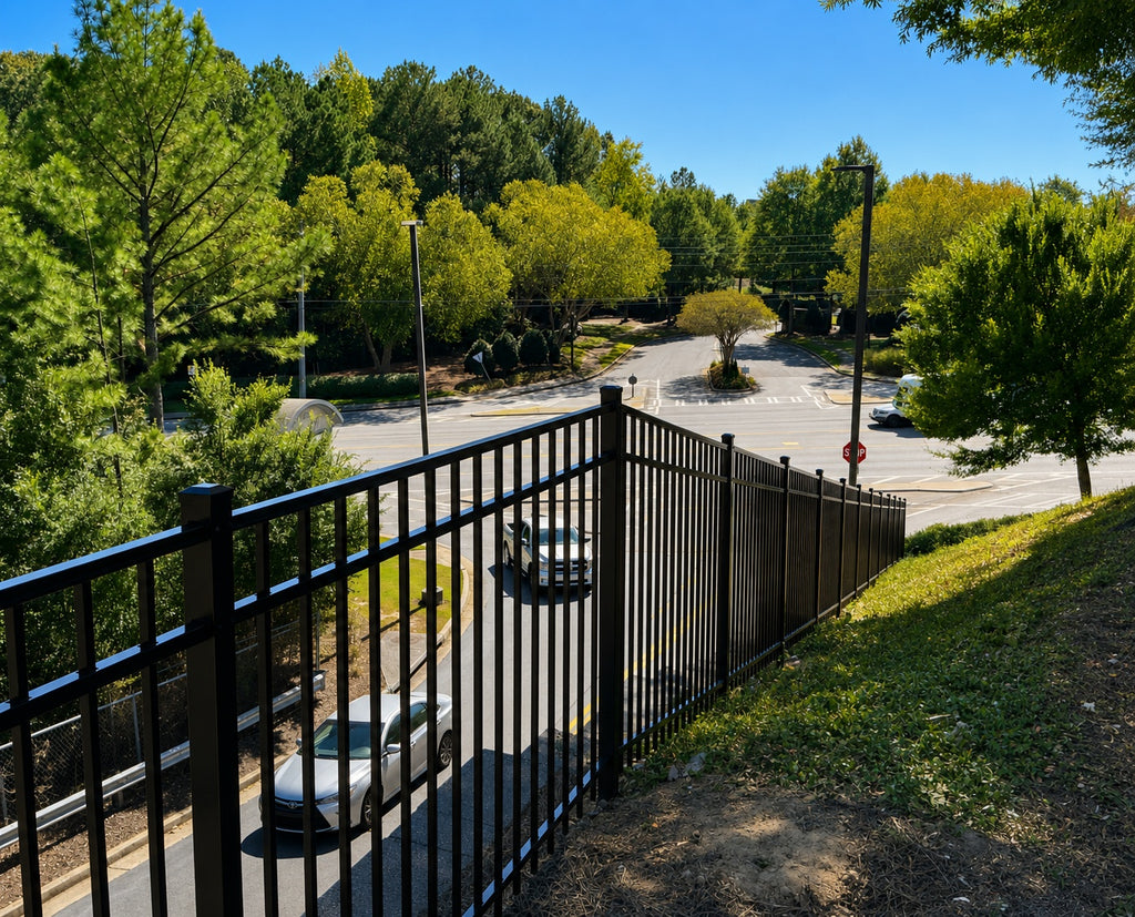 3-rail smooth top black aluminum fencing on a slop