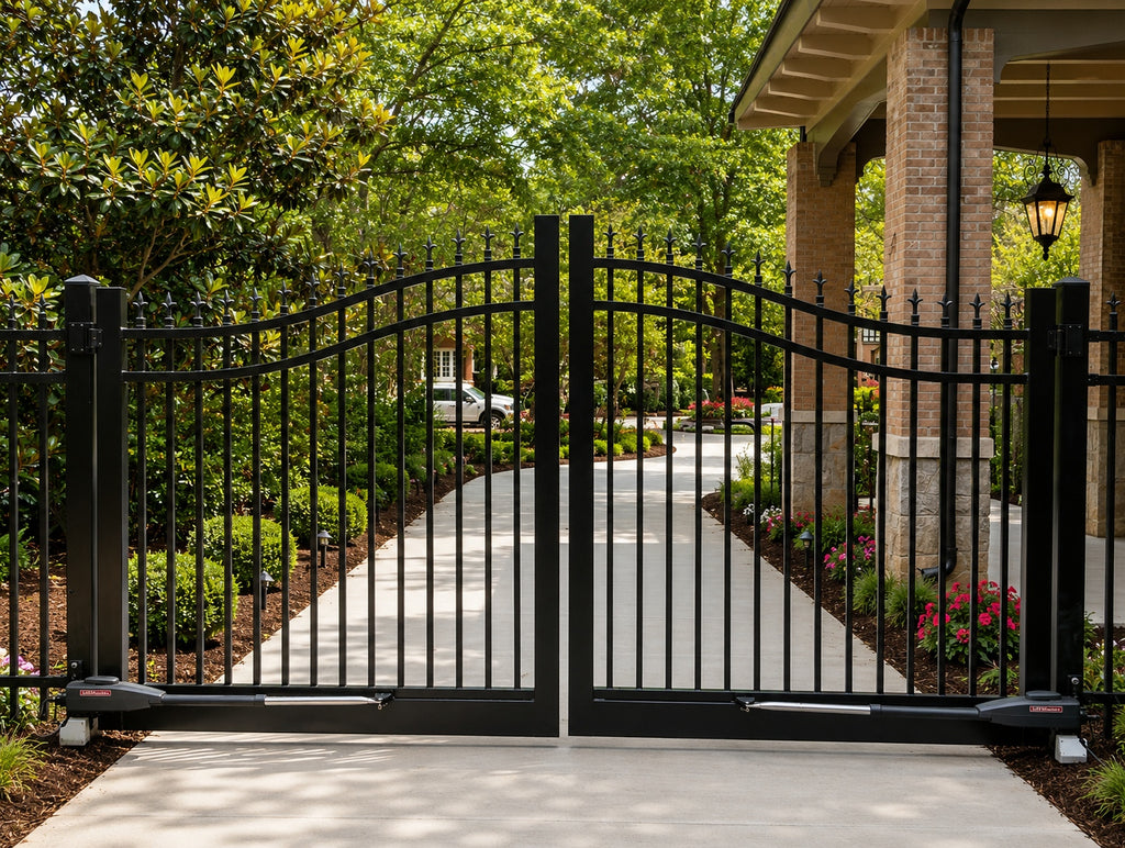 3-rail spear top  black driveway gate with finials