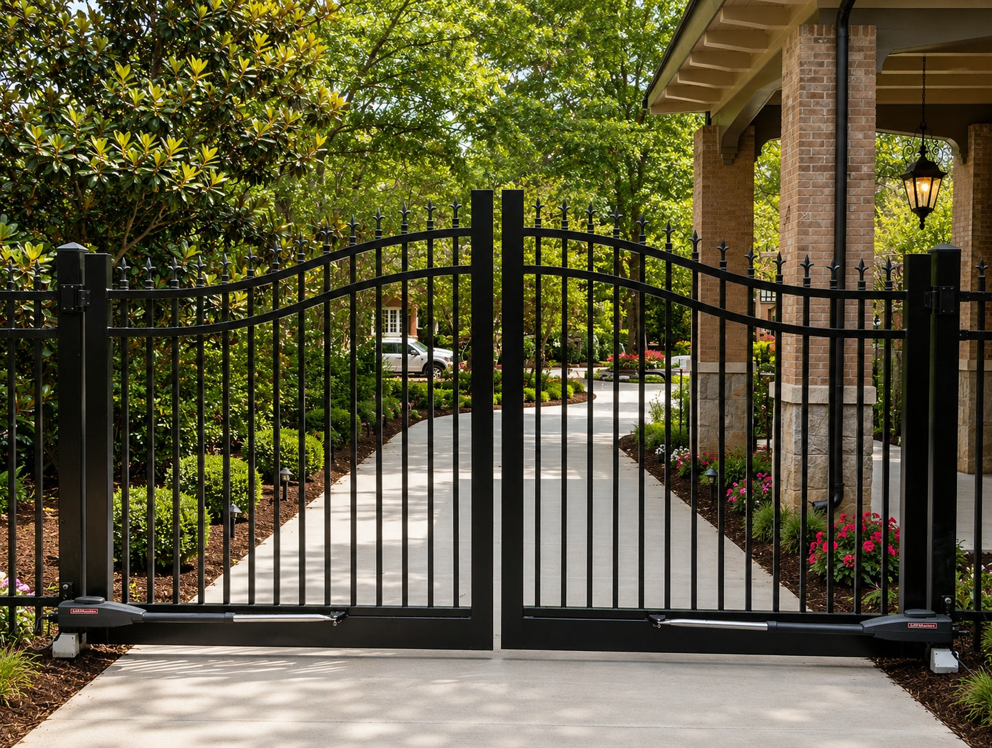 3-rail spear top  black driveway gate with finials