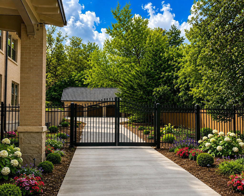 3-rail spear top aluminum fencing with finials and automated gate