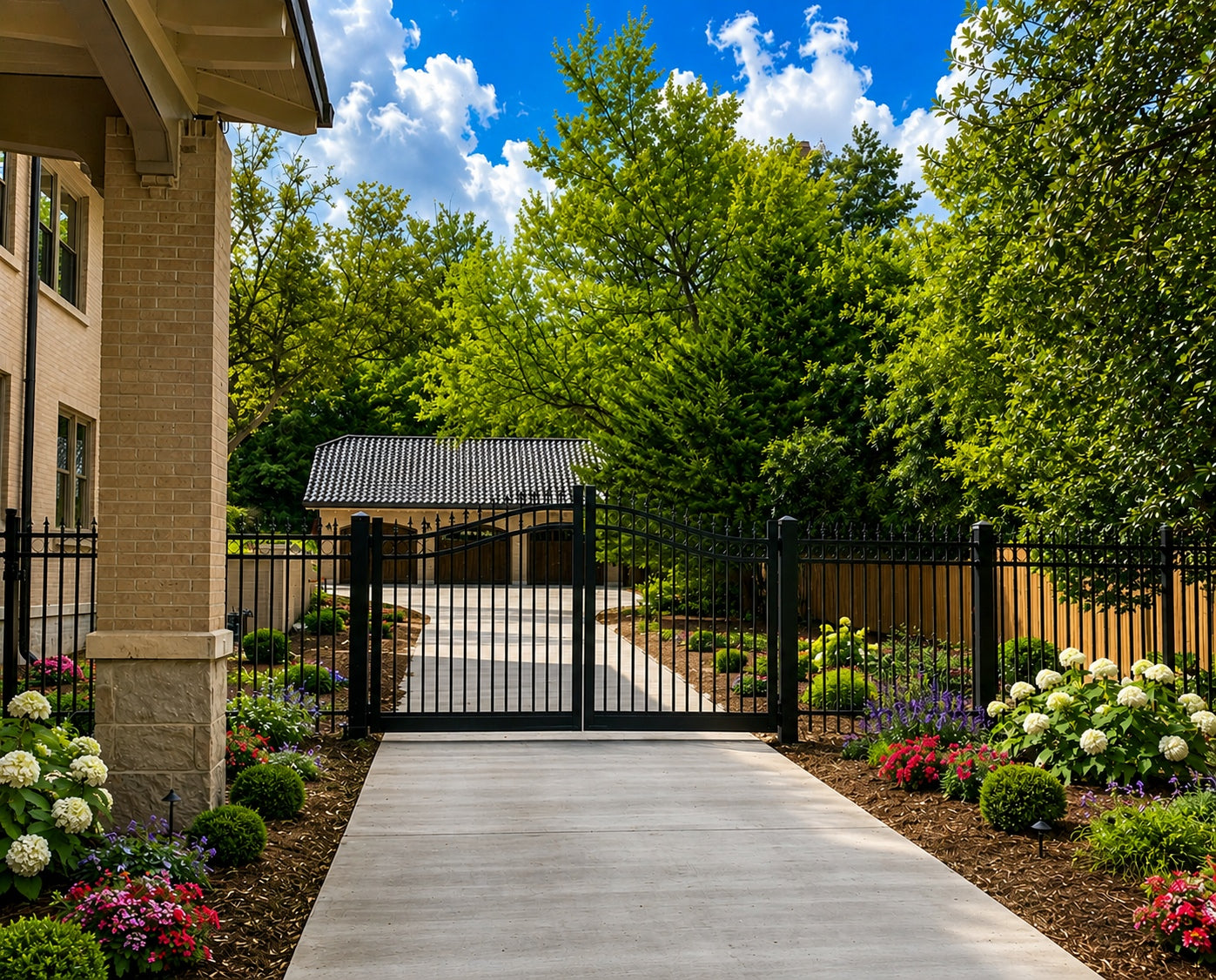 3-rail spear top aluminum fencing with finials and automated gate