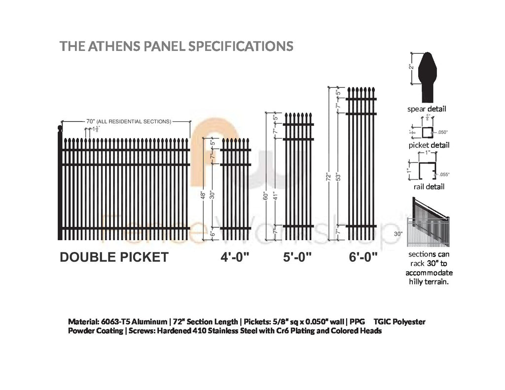 Technical drawing of 3-rail double picket aluminum fence panel specifications with dimensions and details.