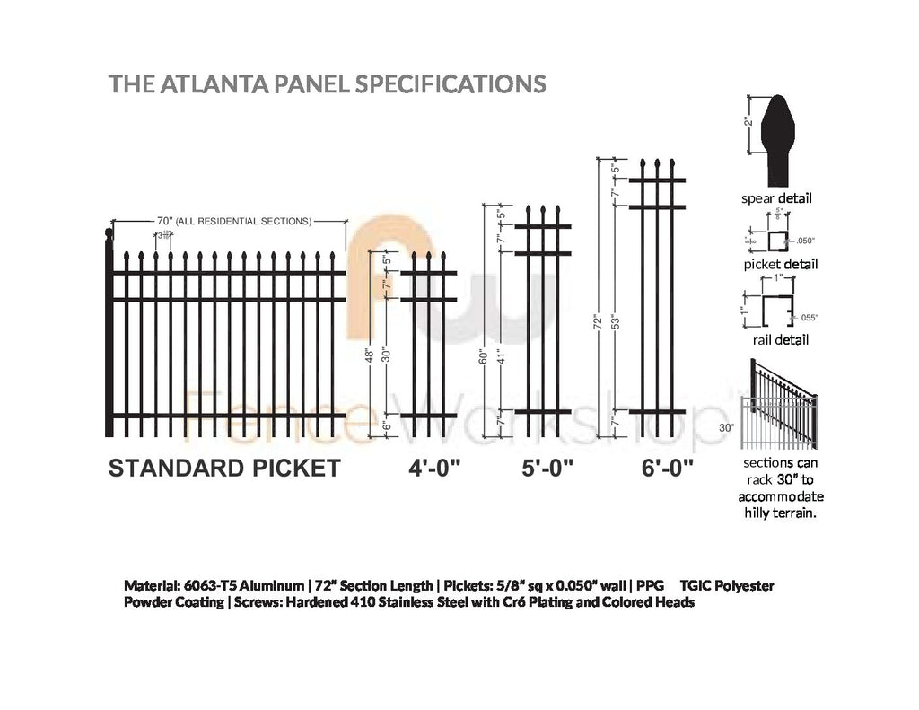 Technical drawing of a spear top aluminum fence panel specifications for a fence with dimensions and material details.