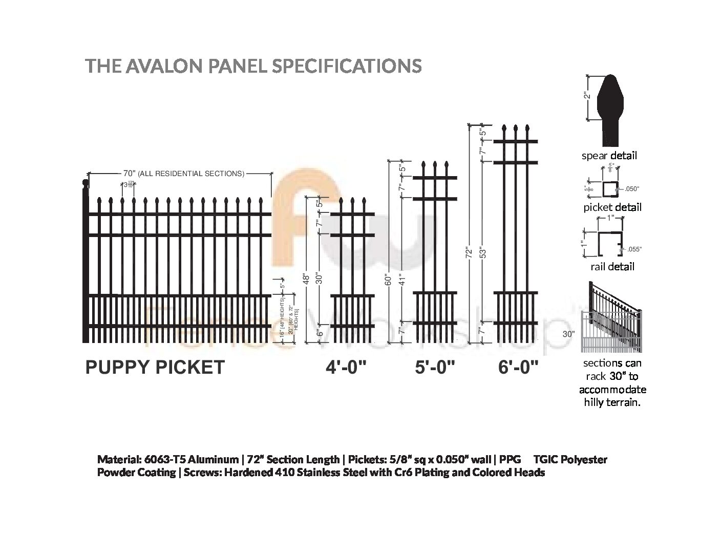 Technical drawing of the specifications for an aluminum fence with puppy pickets with dimensions and material details.