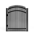 Black metal aluminum gate with double picket vertical bars on a white background