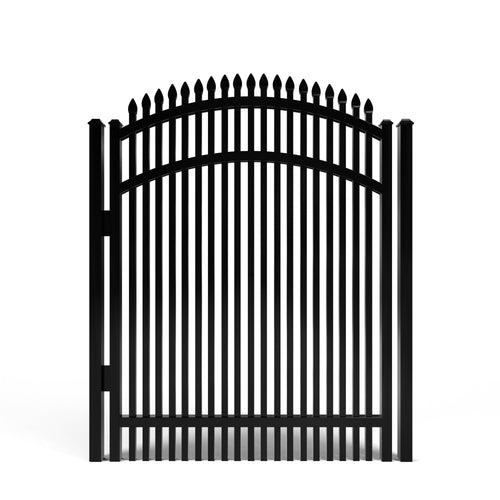 Black metal aluminum gate with double picket vertical bars on a white background