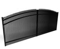 Black metal aluminum driveway gate with pointed top on a white background