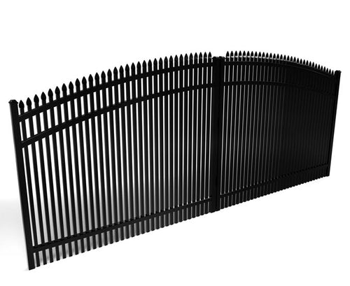 Black metal aluminum driveway gate with pointed top on a white background