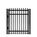 Black metal fence with pointed top design on a white background