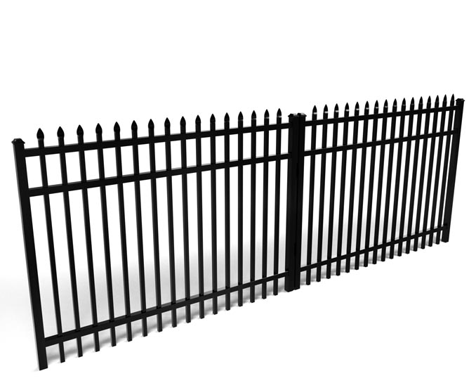 Black metal double driveway gate with pointed top design on a white background