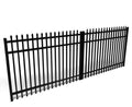 Black metal double driveway gate with pointed top design on a white background