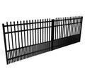 Black metal fence with pointed top design and puppy pickets on a white background