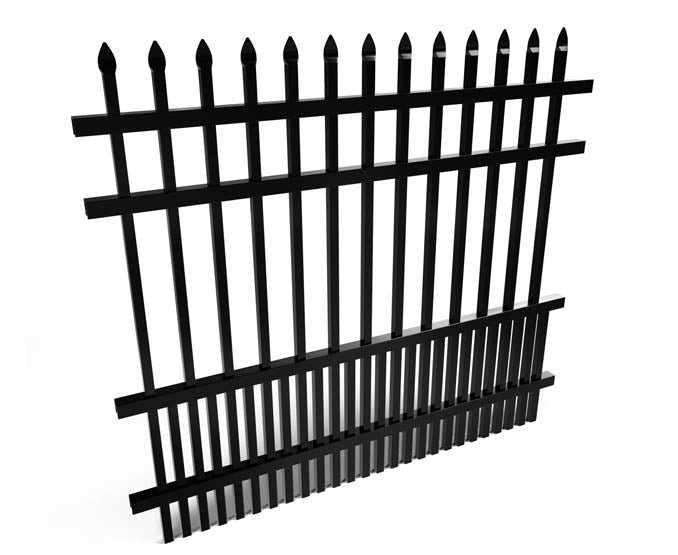 Black metal fence with pointed top bars on a white background