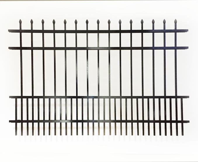 Wrought iron fence with pointed top bars and added security on a white background