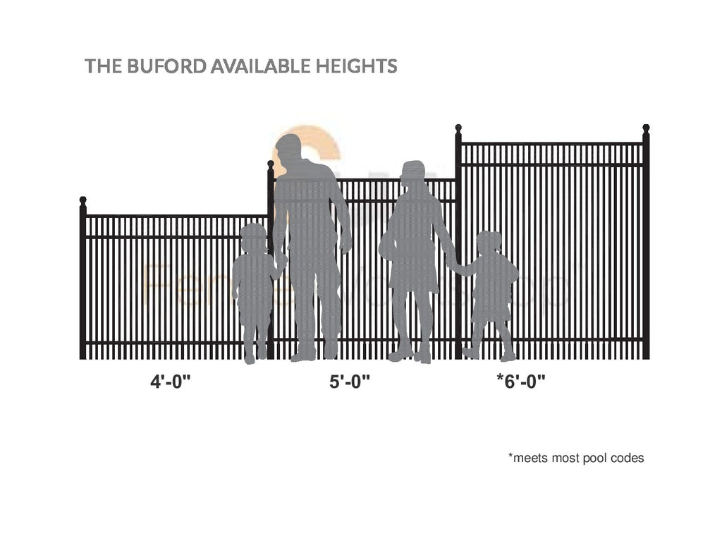 Diagram showing available heights of a black aluminum fence with labeled dimensions