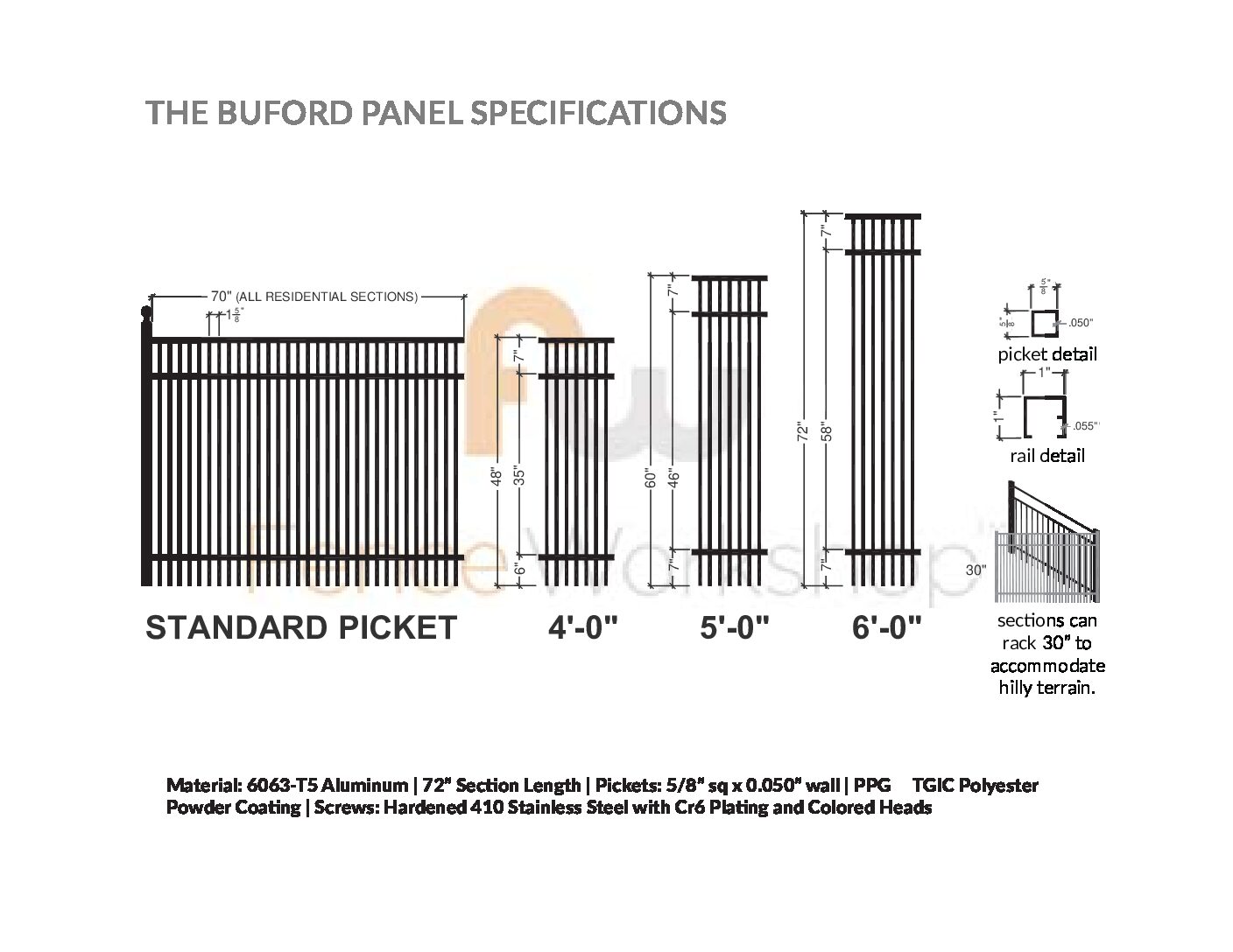 Black aluminum fence panel specifications diagram with fence design and dimensions on a white background