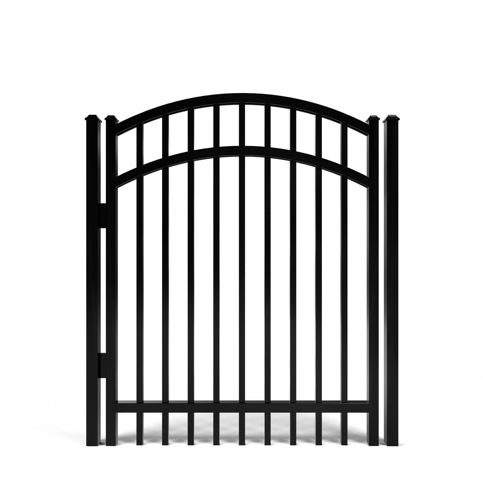 3-rail smooth top black aluminum walk gate with arched top on a white background