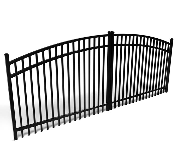 Black metal aluminum double driveway gate on a white background