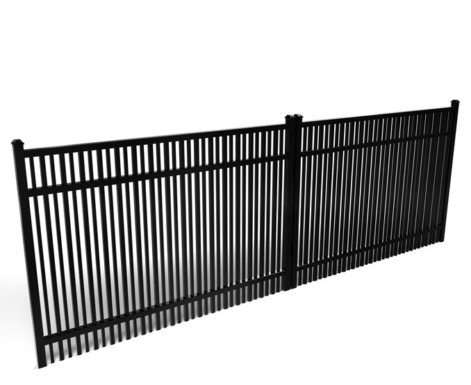 Black metal aluminum driveway gate for pets and children on a white background
