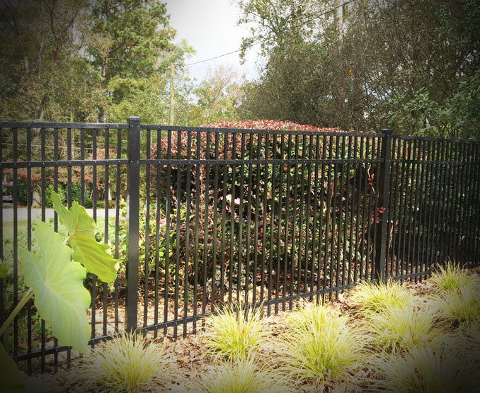 Black metal fence with greenery in a garden setting