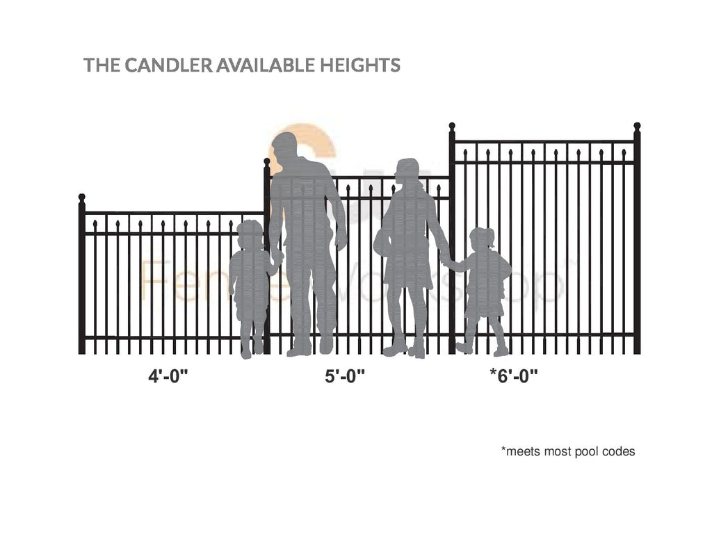 Diagram showing available heights of a decorative aluminum fence with silhouettes of people and a fence.