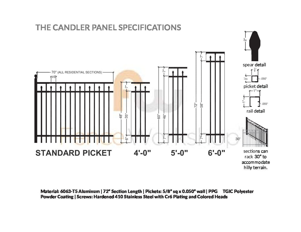 Technical drawing of an aluminum fence panel with dimensions and specifications.