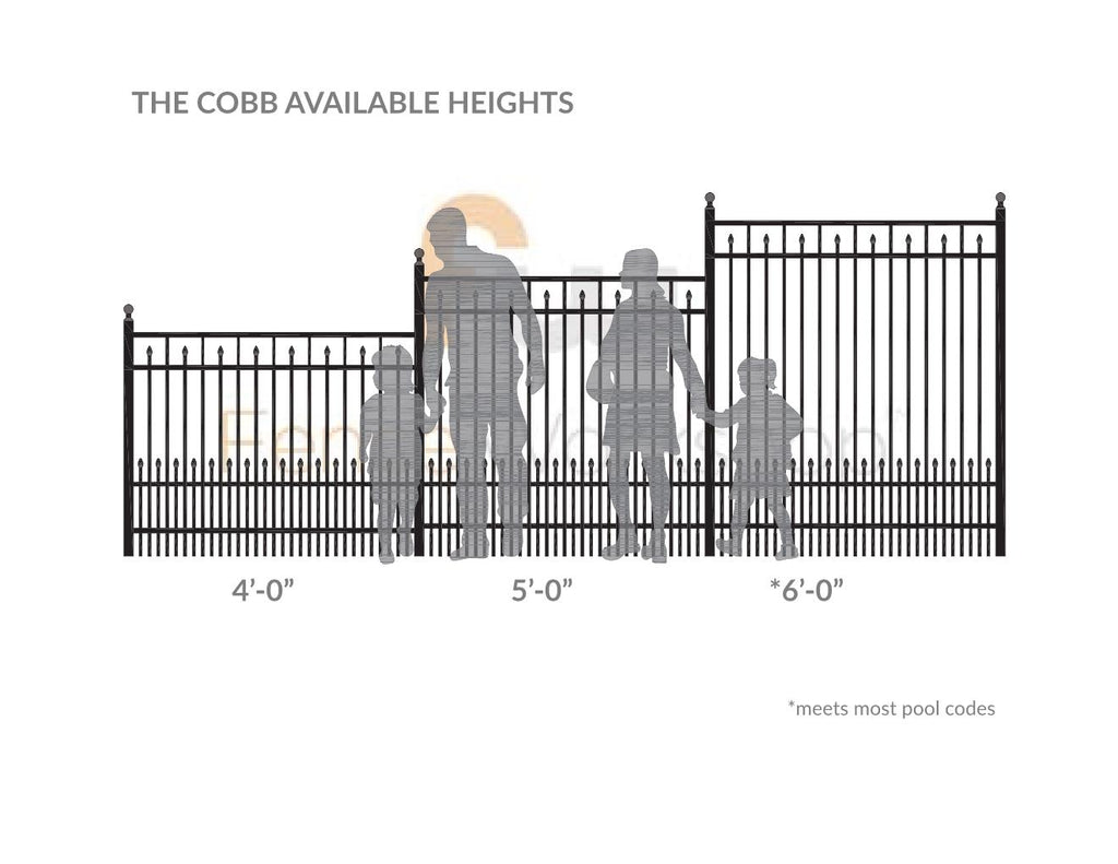 Diagram showing the height range of an aluminum fence with silhouettes of people and text indicating available heights.