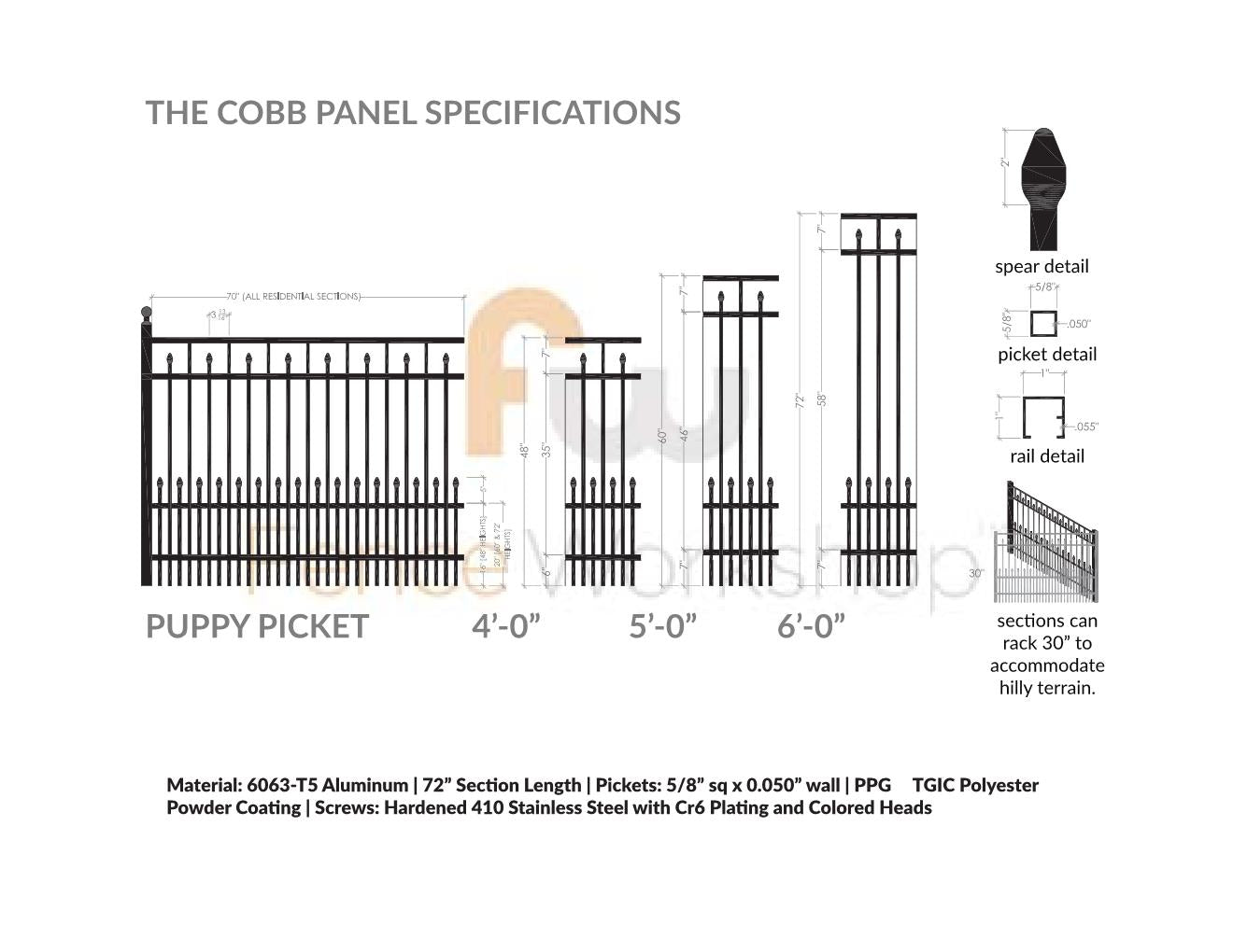 Technical drawing of a decorative aluminum fence panel with specifications and details.