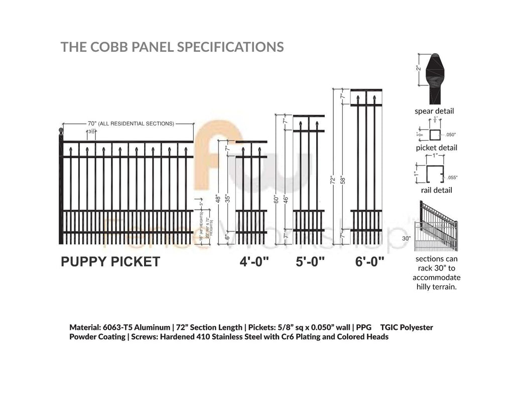 Technical drawing of an aluminum fence panel with specifications labeled
