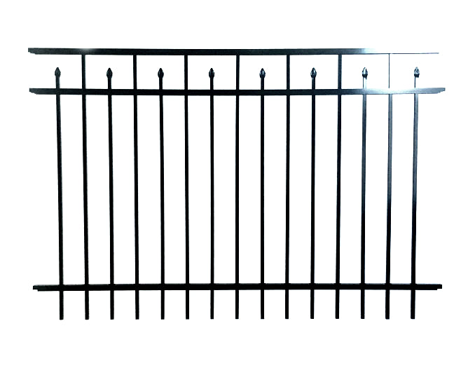 Black metal fence with decorative top on a white background