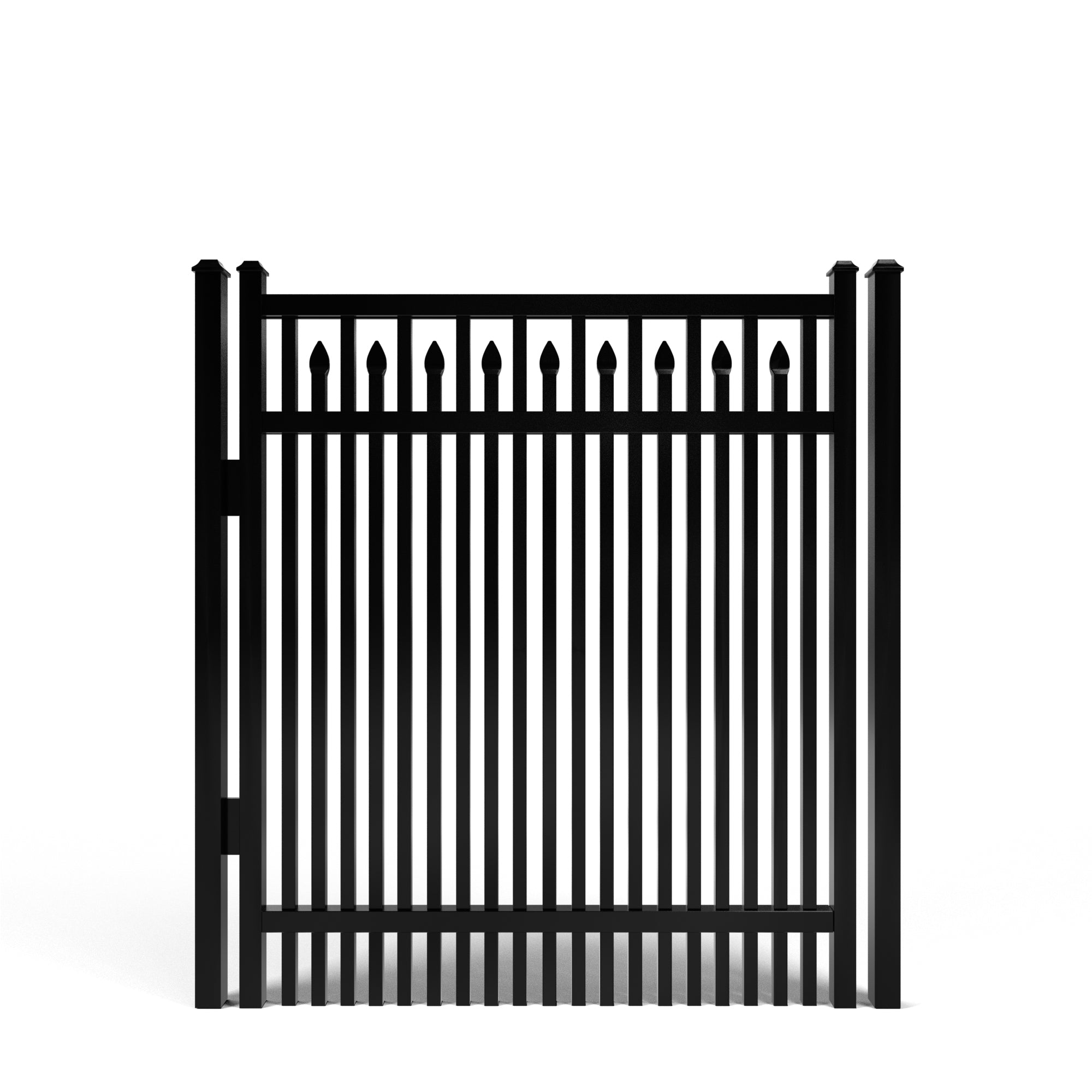 Black metal fence gate on a white background