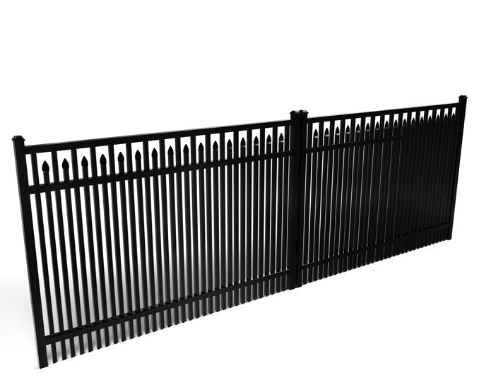 Black metal fence with decorative top, extra security, on a white background