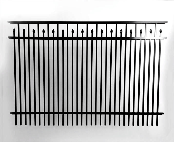 Black metal fence with decorative top on a white background