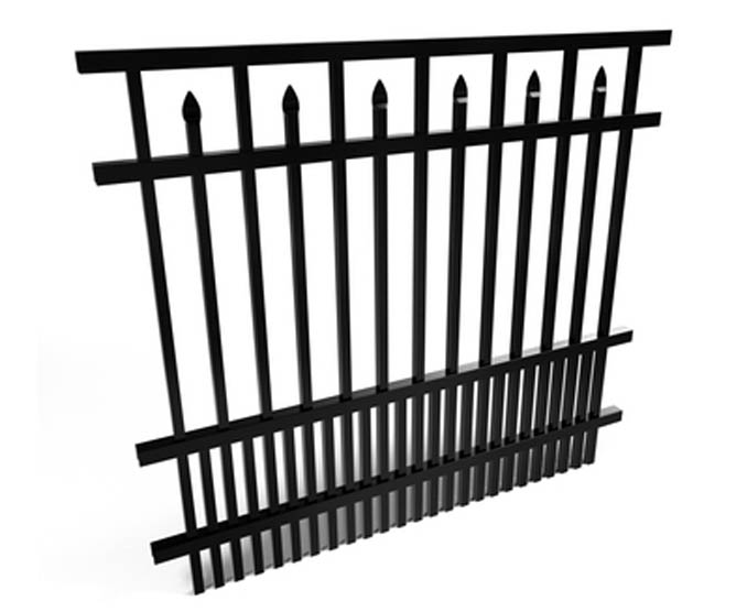 Black metal aluminum fence on a white background