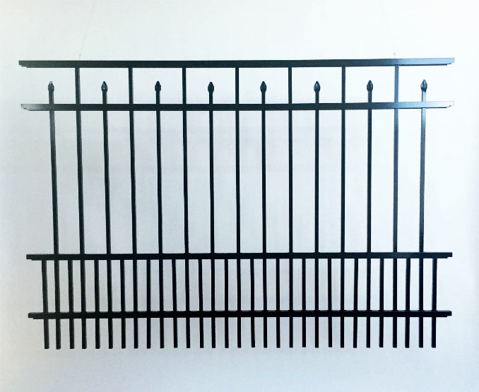 Black metal aluminum fence with decorative top on a white background
