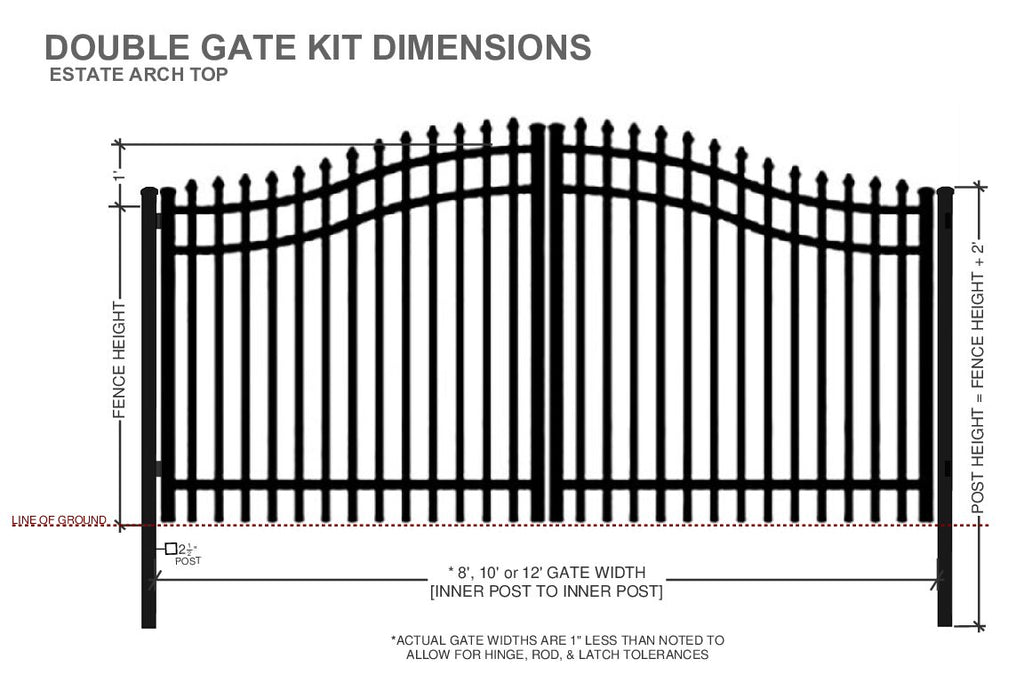 Technical drawing of a double aluminum estate arched top gate kit with dimensions labeled on a white background.