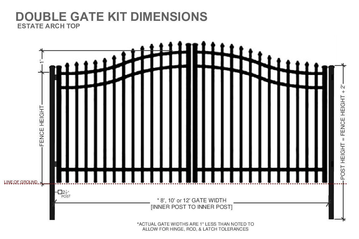 Technical drawing of an aluminum double gate kit with estate arch with dimensions labeled