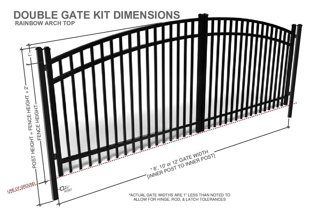 Dimensions of an aluminum double gate kit with a rainbow arch top on a white background