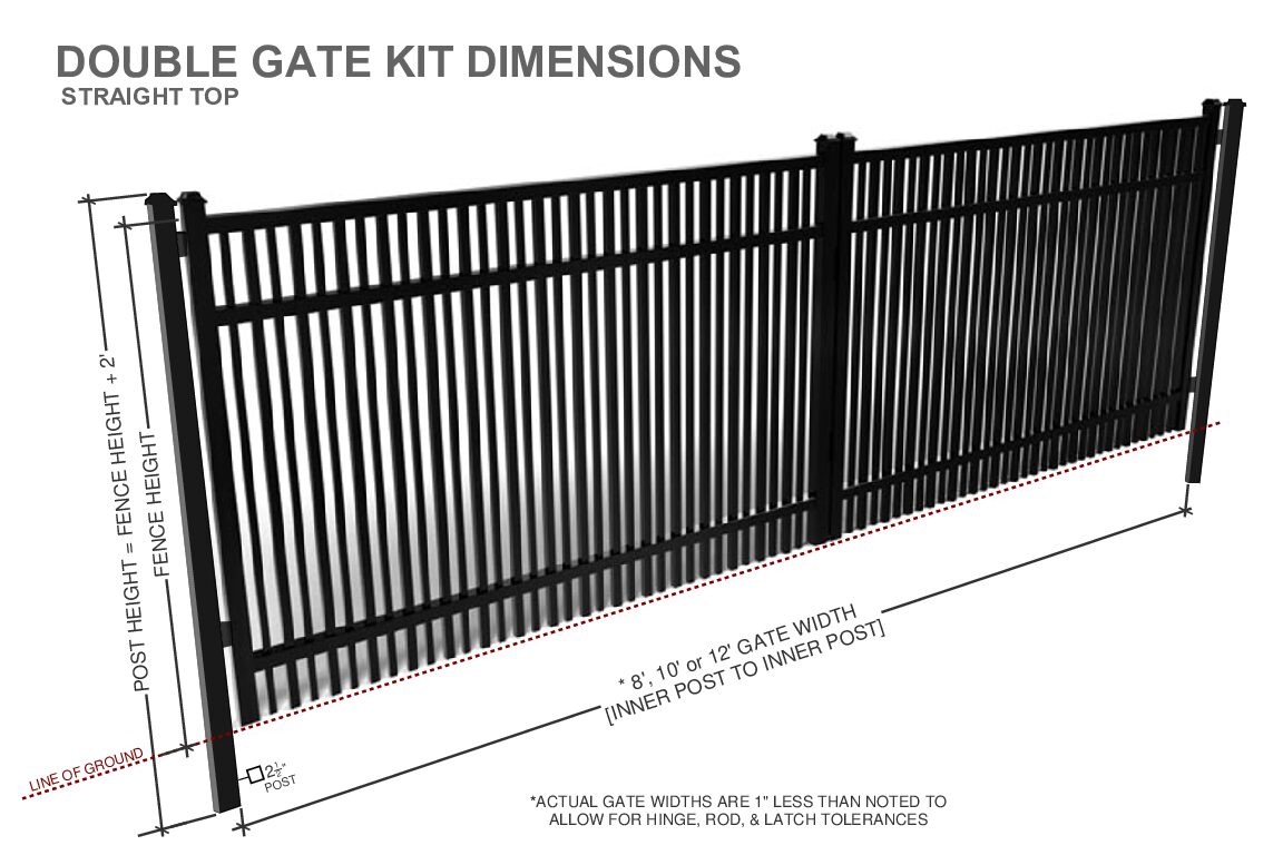 Diagram of a double aluminum gate kit with dimensions on a white background