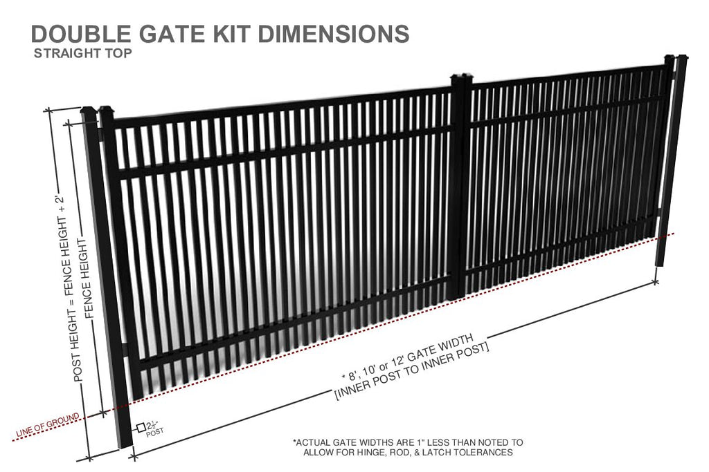 Diagram of an aluminum double gate kit with dimensions on a white background