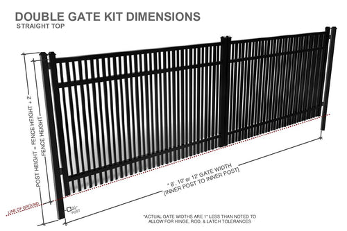 Diagram of an aluminum double gate kit with dimensions on a white background