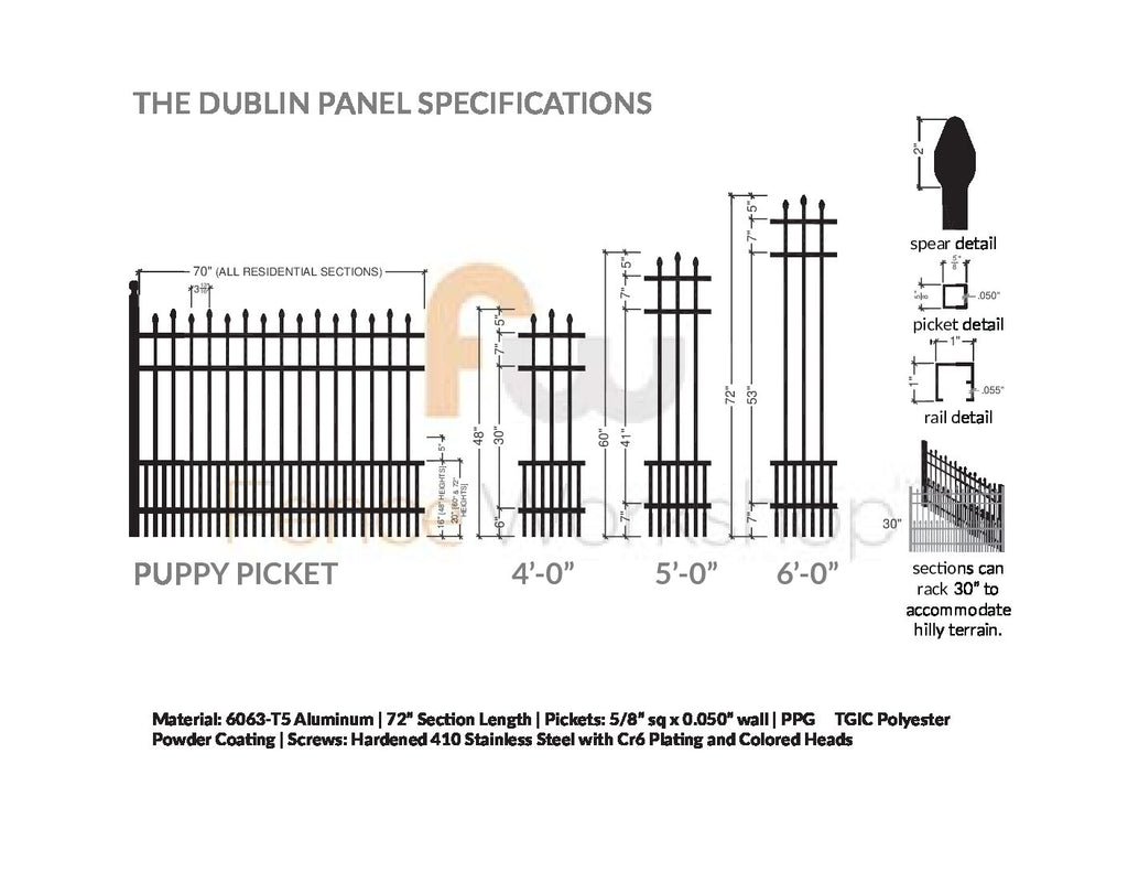 Technical drawing of an aluminum fence panel with specifications labeled