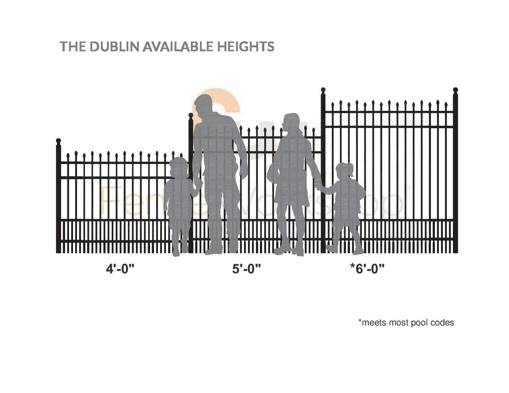 Diagram showing the height range of an aluminum fence with silhouettes of people and children, spear top design with puppy pickets.