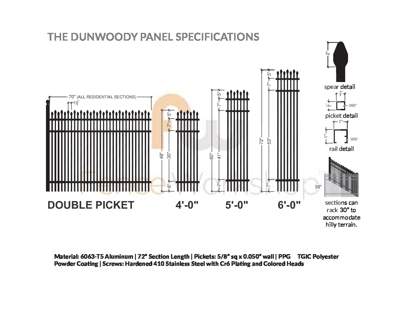 Technical drawing of double picket aluminum fence panel specifications with dimensions and details.