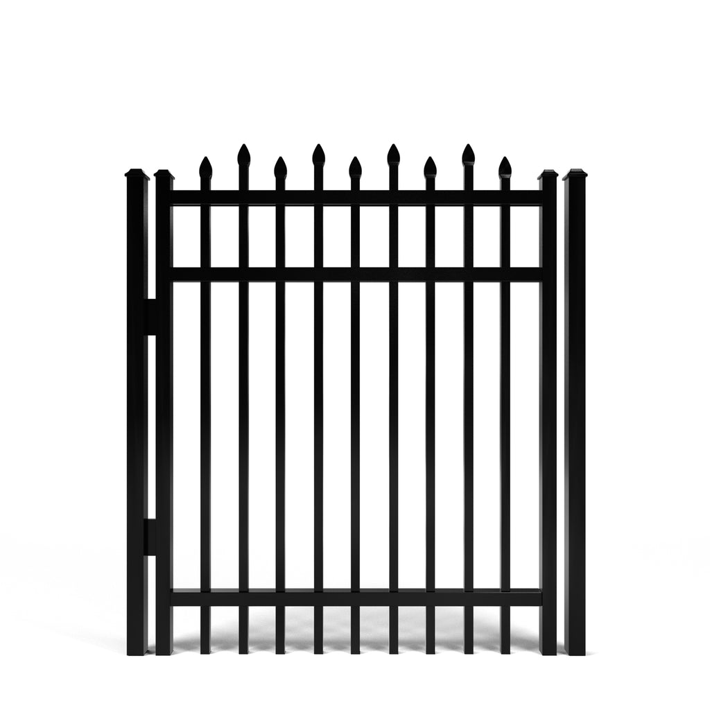 Black metal fence gate with pointed top design on a white background
