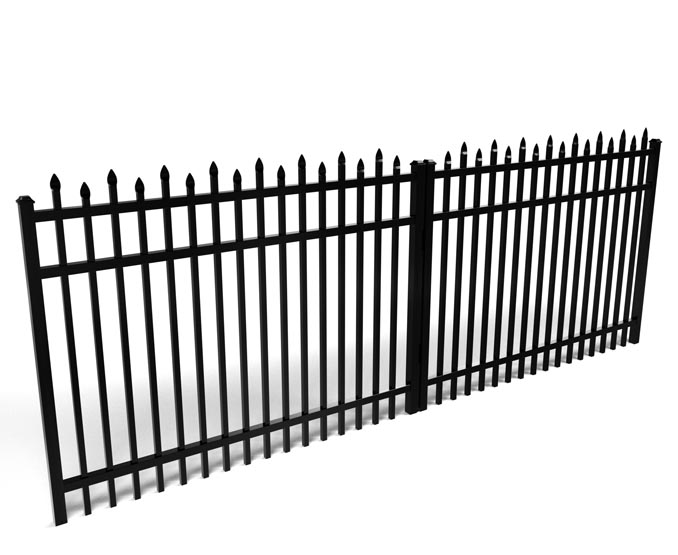 Black metal aluminum fence with pointed top design on a white background
