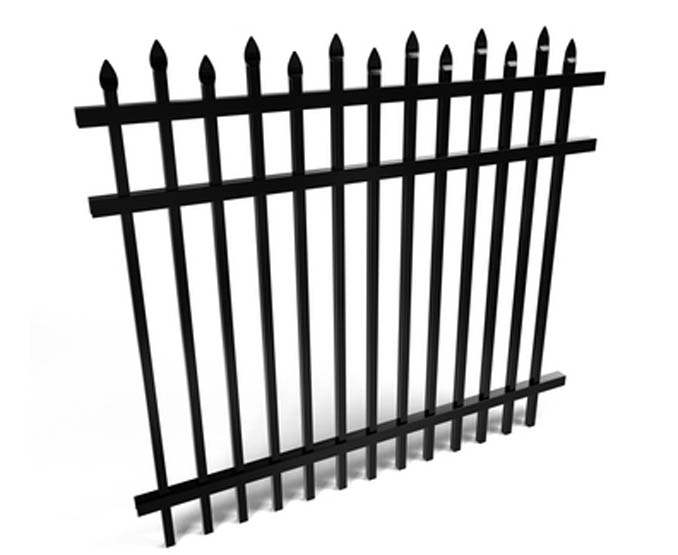 Black metal fence with pointed top bars on a white background