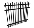 Black metal fence with pointed top bars on a white background