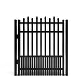 Black metal fence gate with pointed top bars and puppy pickets on a white background