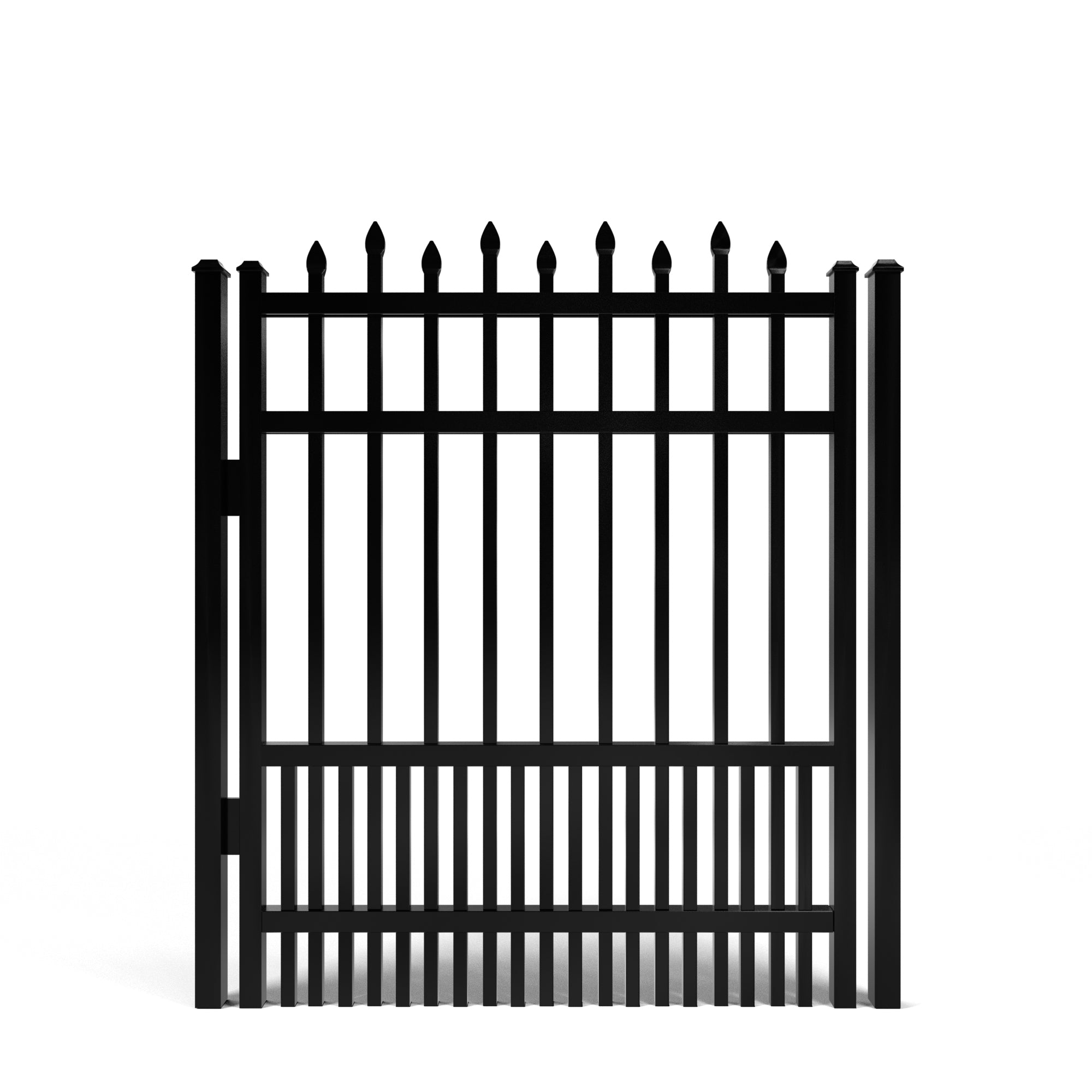 Black metal fence gate with pointed top bars and puppy pickets on a white background